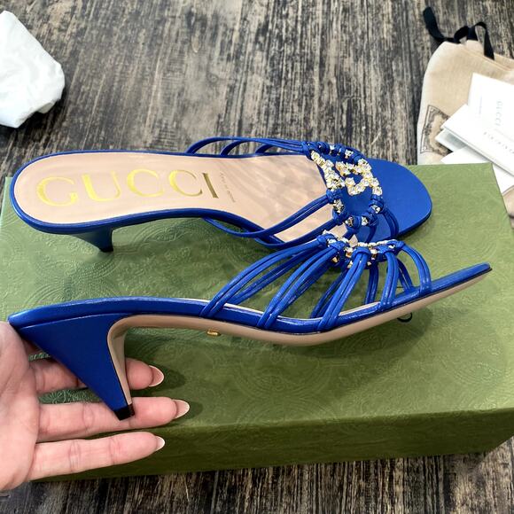Rare! Gucci Crystal GG Logo Strappy Heeled Sandal Blue 38 - Picture 5 of 9